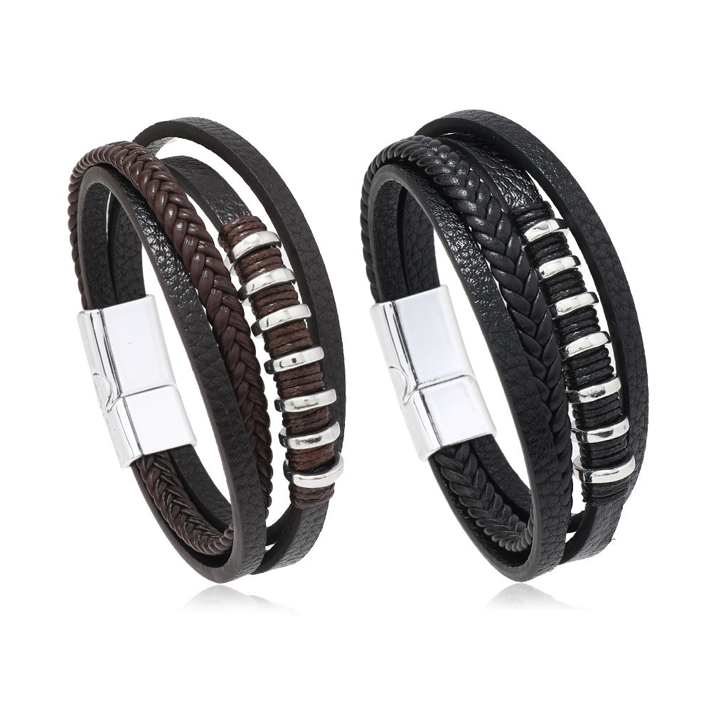 Men's Multi-Layered Leather Rope Braided Magnetic Clasp Bracelet