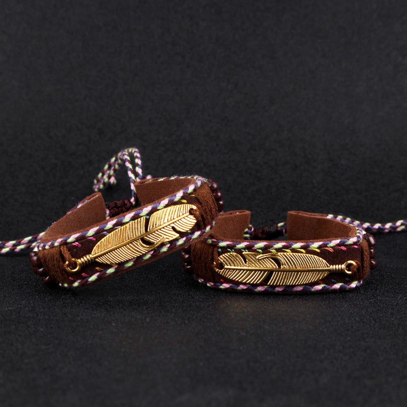 Feather leather rope woven adjustable bracelet