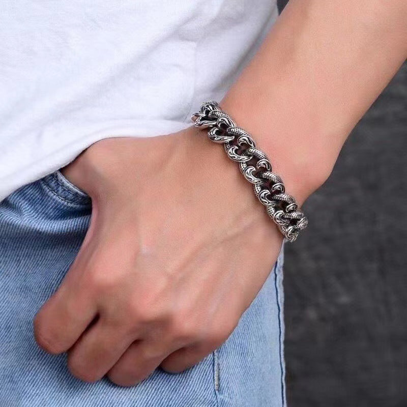 925 Silver Vintage Wide Rattan Hip Hop Bracelet