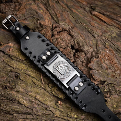 Genuine Leather Buckle Arm Cuff Valknut Rune Metal Bracelet