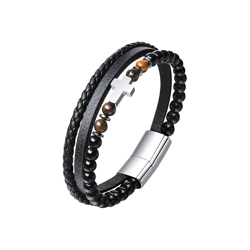 Natural Tiger Eye Stone Bead Multi-Layer Leather Cross Bracelet
