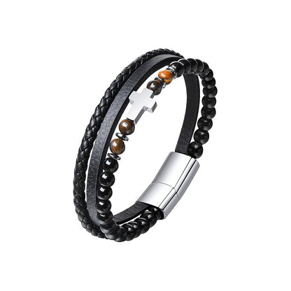 Natural Tiger Eye Stone Bead Multi-Layer Leather Cross Bracelet