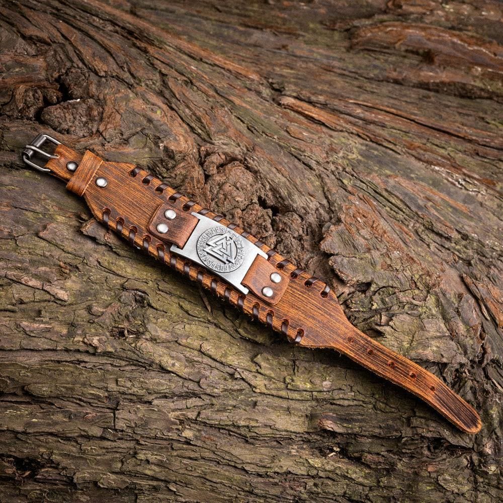 Genuine Leather Buckle Arm Cuff Valknut Rune Metal Bracelet