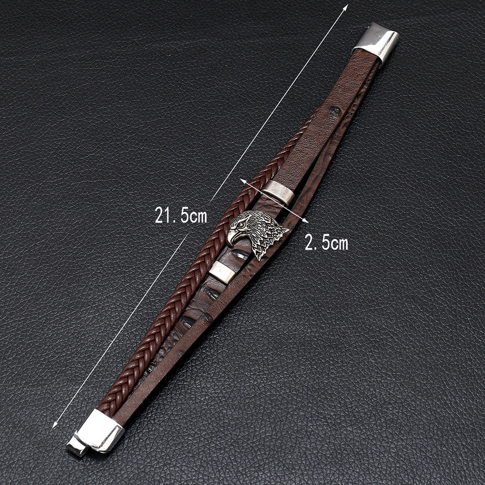 Men's Eagle Head Alloy Woven Leather Bracelet