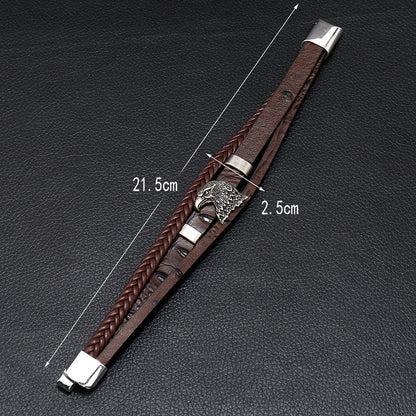 Men's Eagle Head Alloy Woven Leather Bracelet