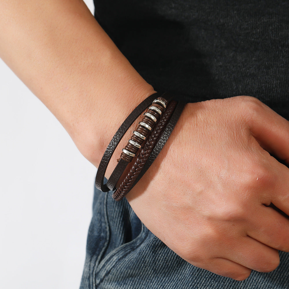 Men's Multi-Layered Leather Rope Braided Magnetic Clasp Bracelet