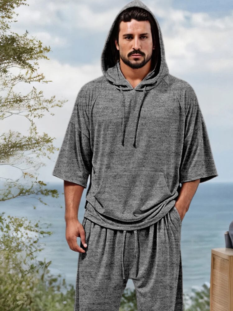 Athleisure Drawstring Hoodie Shorts Set