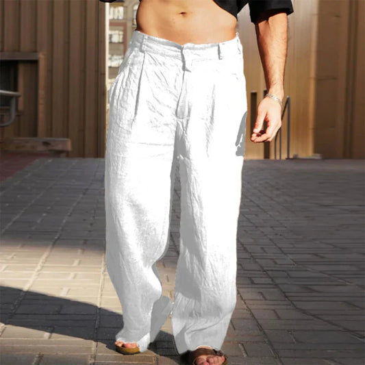 Men's spring/summer linen pleated wide-leg mid-waist breathable jogging pants
