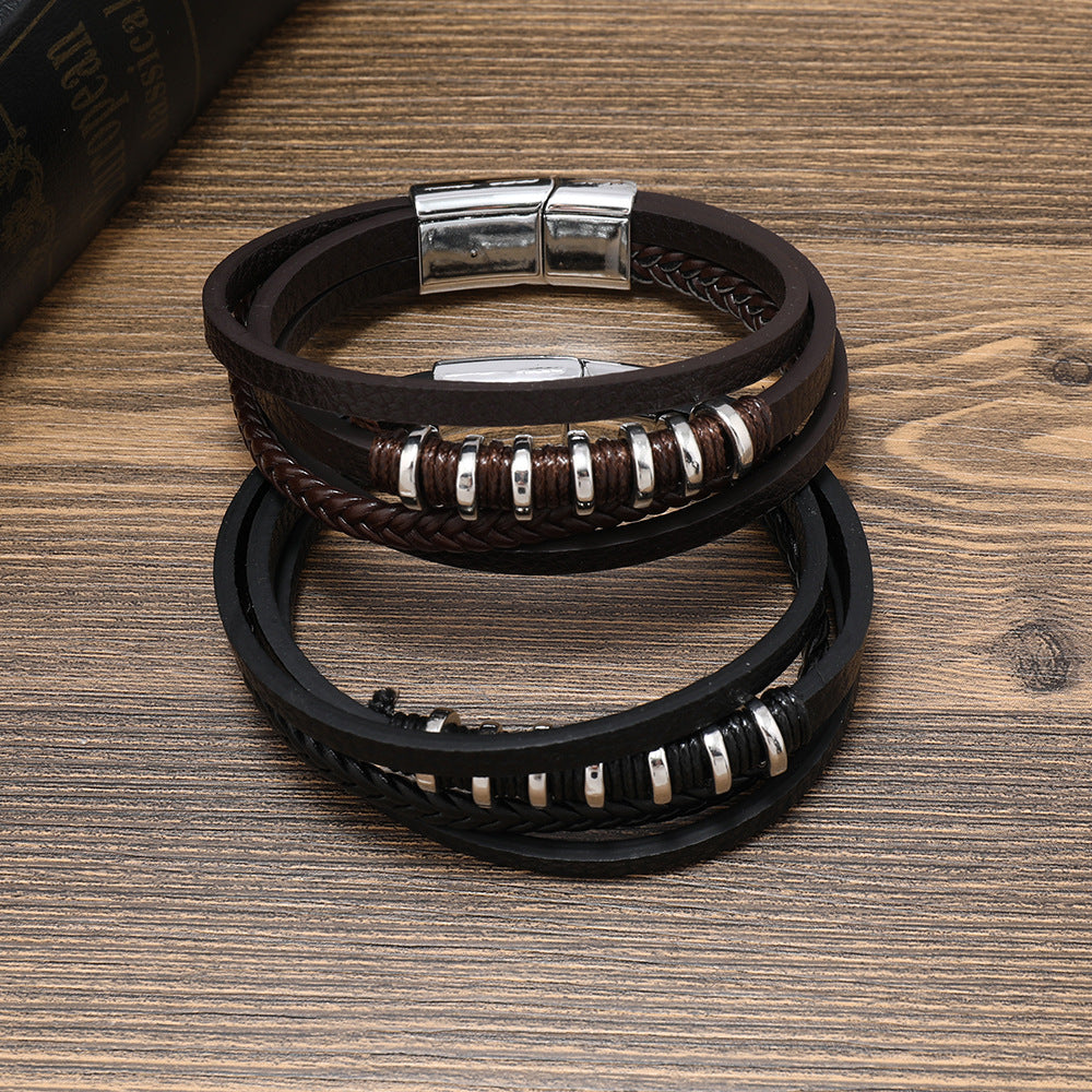 Men's Multi-Layered Leather Rope Braided Magnetic Clasp Bracelet