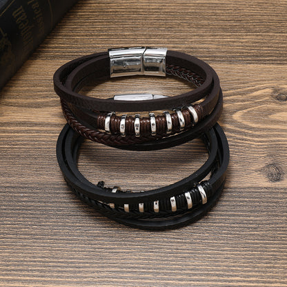 Men's Multi-Layered Leather Rope Braided Magnetic Clasp Bracelet