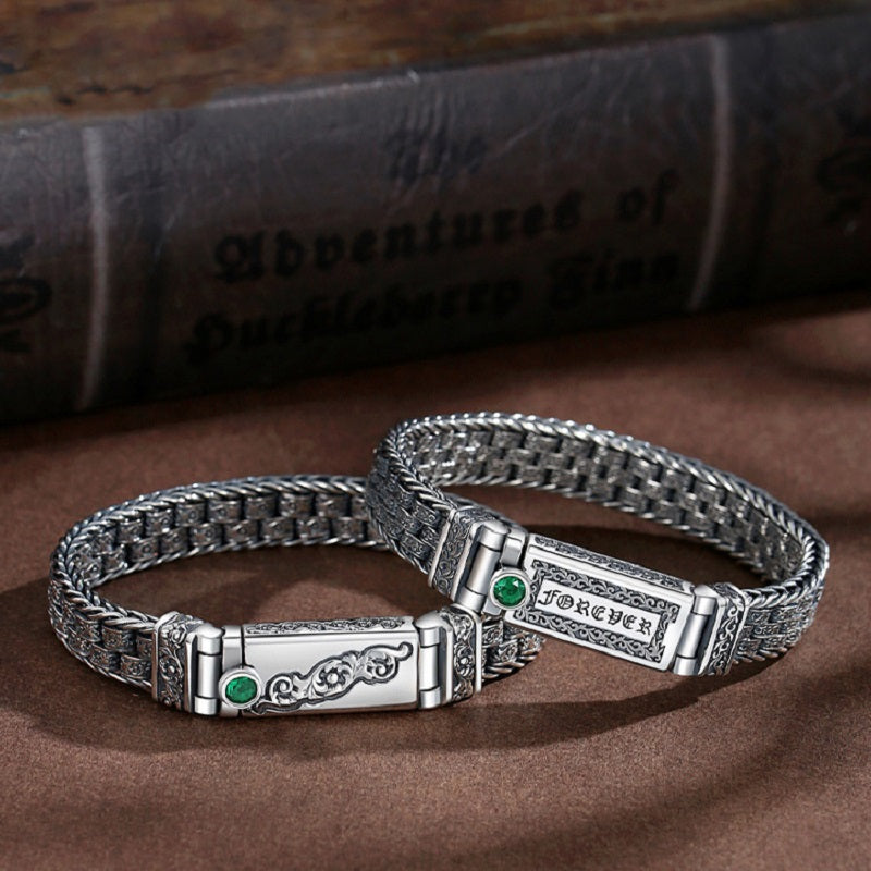 Grass pattern six-character mantra forever 925 silver men's bracelet