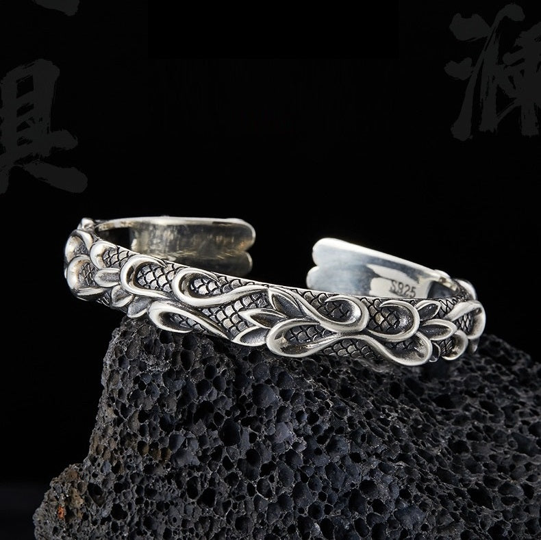 S925 3D Relief Wave Open Bracelet