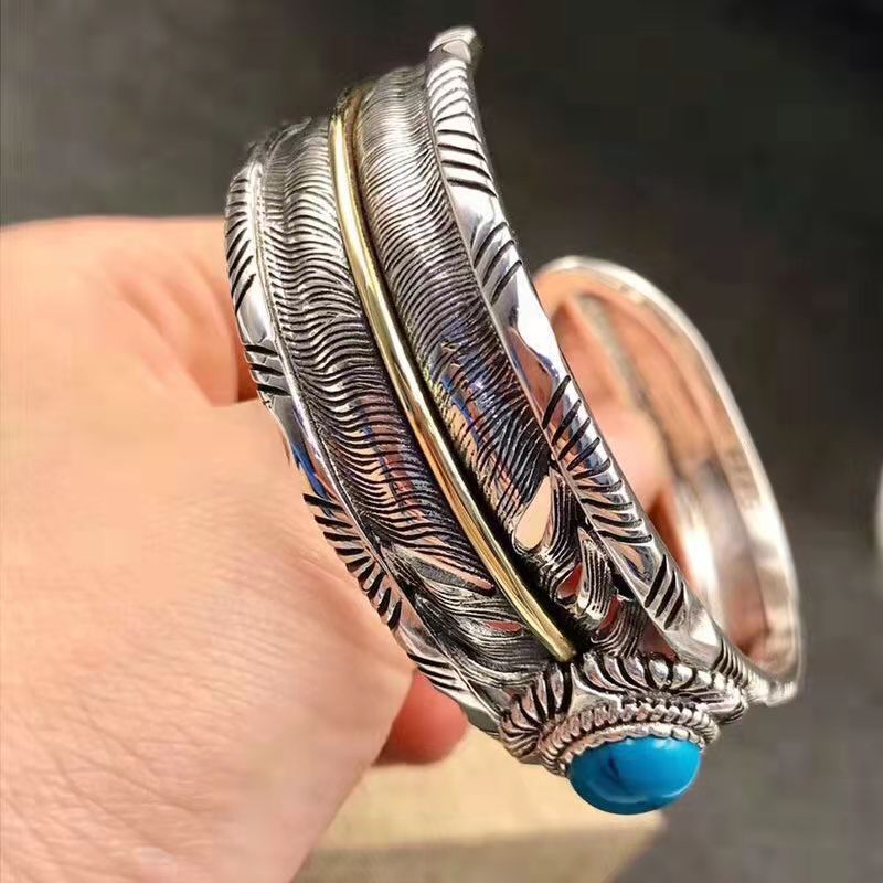 Feather Turquoise Cuff Open Adjustable Bracelet