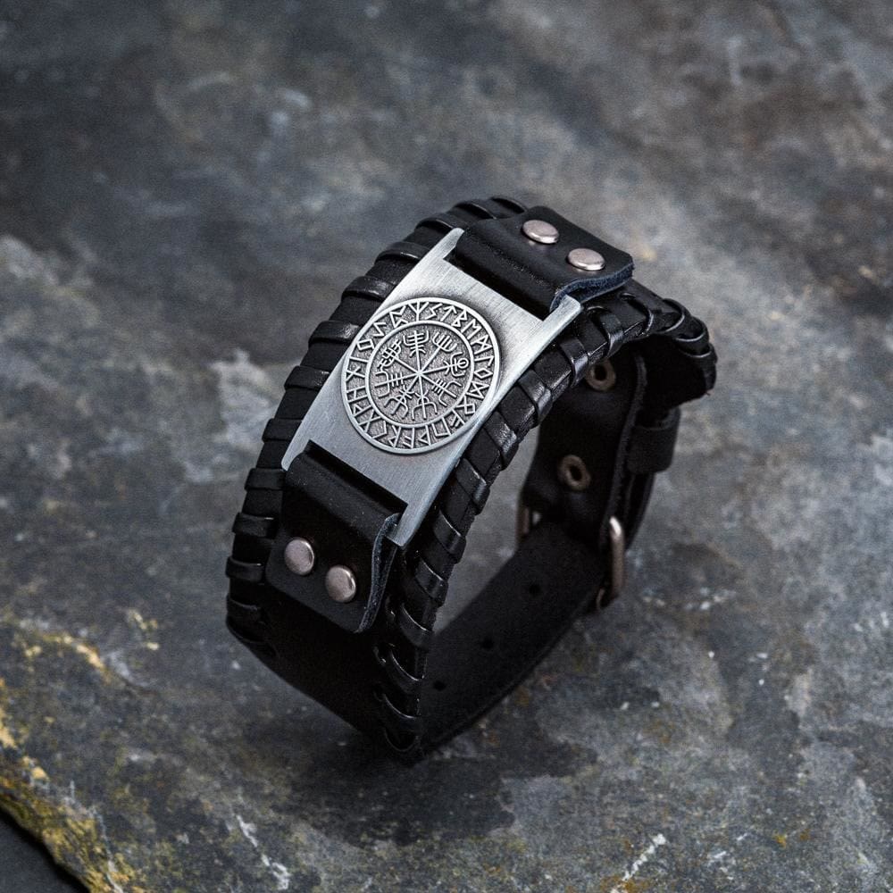 Genuine Leather Buckle Arm Cuff Vegvisir Metal Bracelet