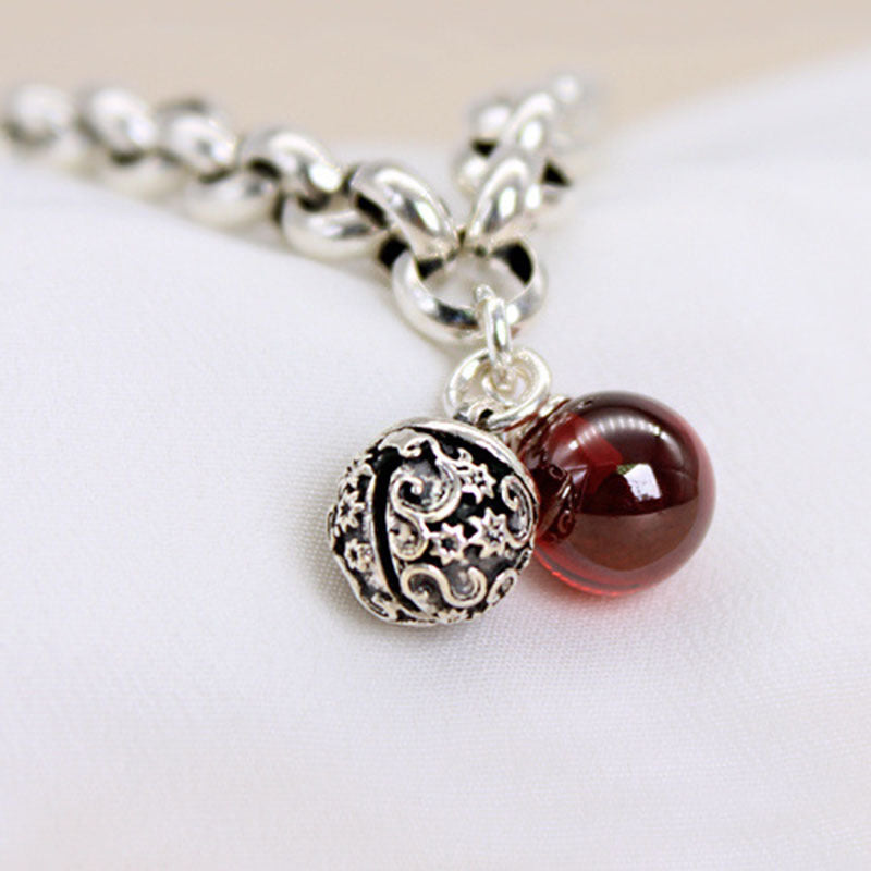 925 Silver Vintage Red Agate Bell Bracelet Small Fresh Bracelet