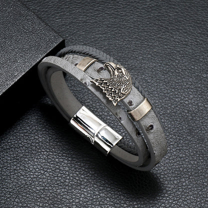 Men's Eagle Head Alloy Woven Leather Bracelet