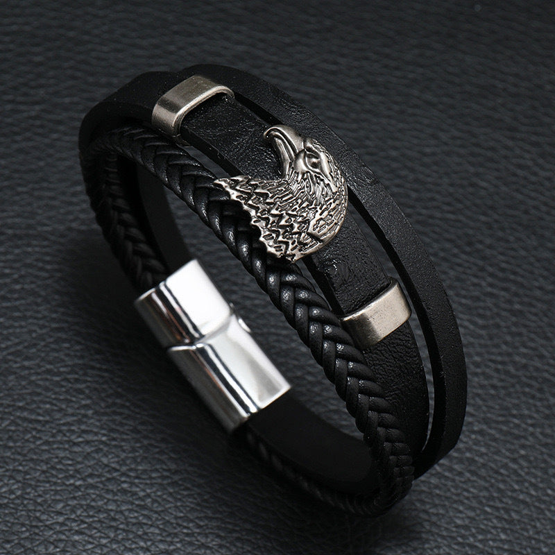 Men's Eagle Head Alloy Woven Leather Bracelet
