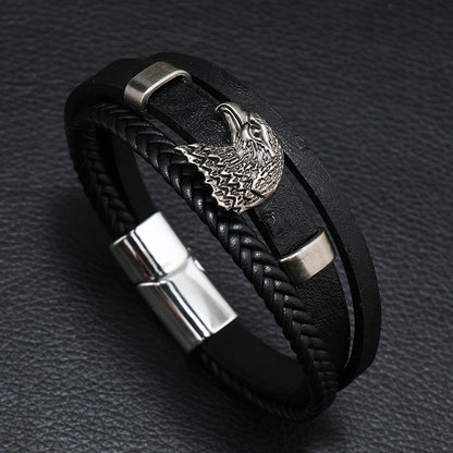 Men's Eagle Head Alloy Woven Leather Bracelet