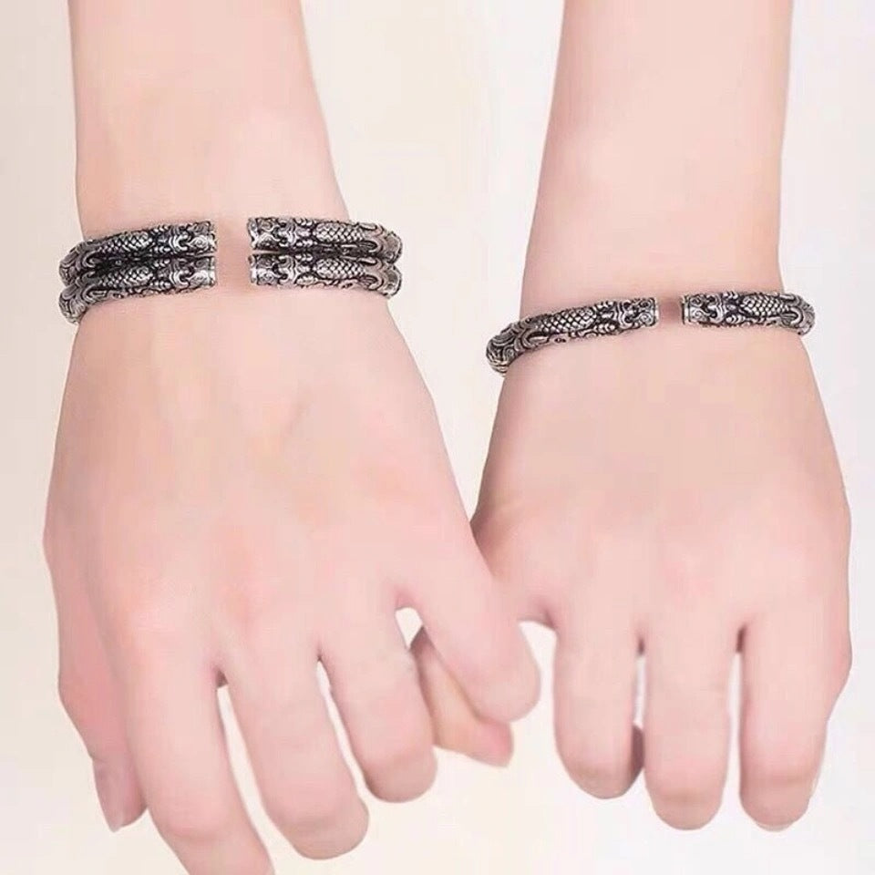 925 Sterling Silver Double Tap Retro Open Couple Bracelet