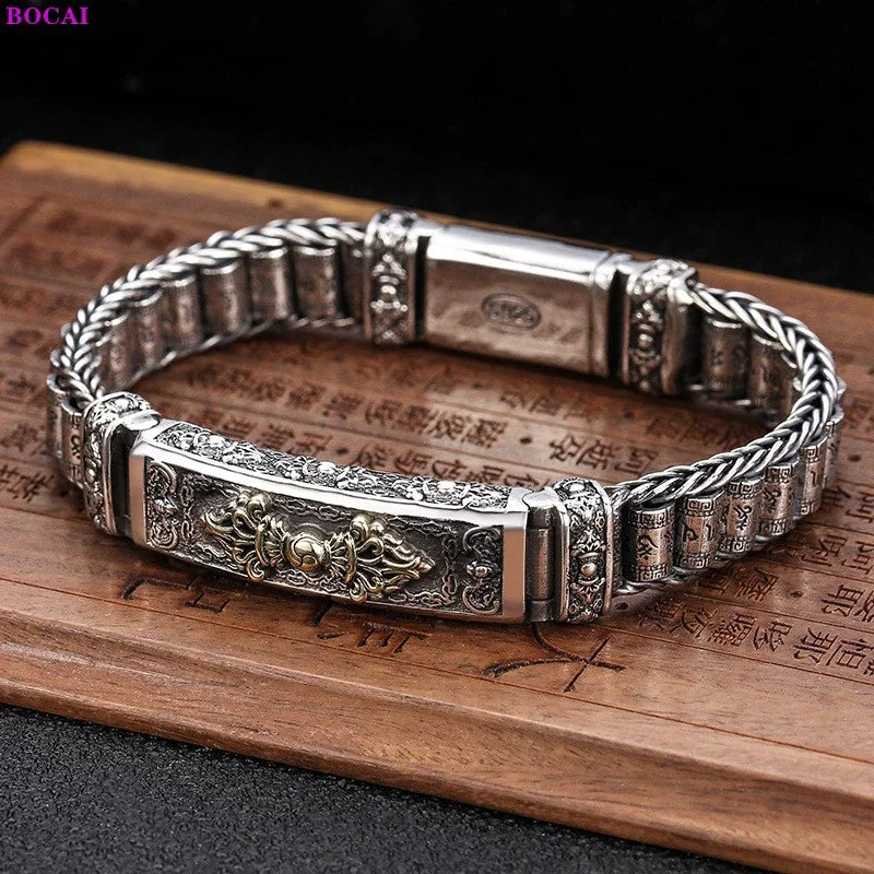 925 Silver Six Character Truth Vajra Pestle Rotating Drum Hand Bracelet