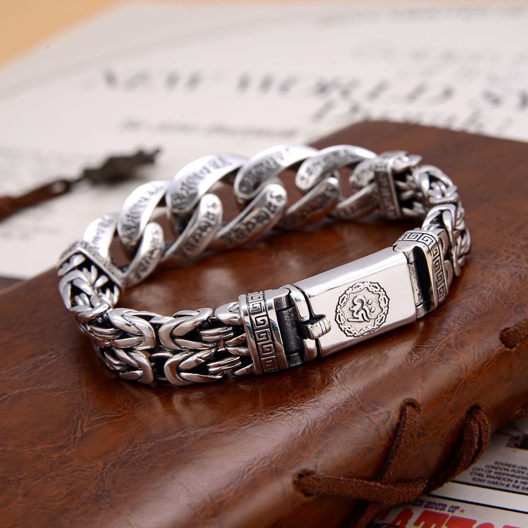 New Silver Jewelry  Bracelet Personality Domineering Six-character Mantra Peace Pattern
