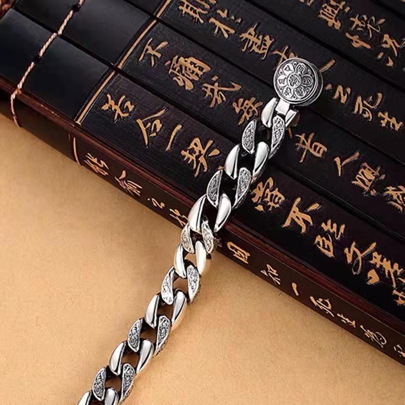 925 Sliver Pure Six Character True Word Rotable Fashion Wide Edition Men's Dominant Personality And Retro Bracelet