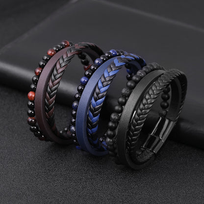 Men's natural stone volcano stone lapis lazuli leather bracelet stainless steel leather woven bracelet multilayer men's titanium steel jewelry