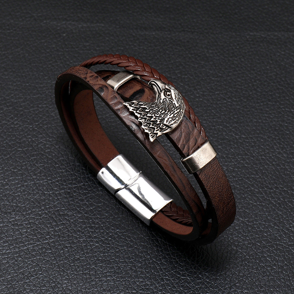 Men's Eagle Head Alloy Woven Leather Bracelet