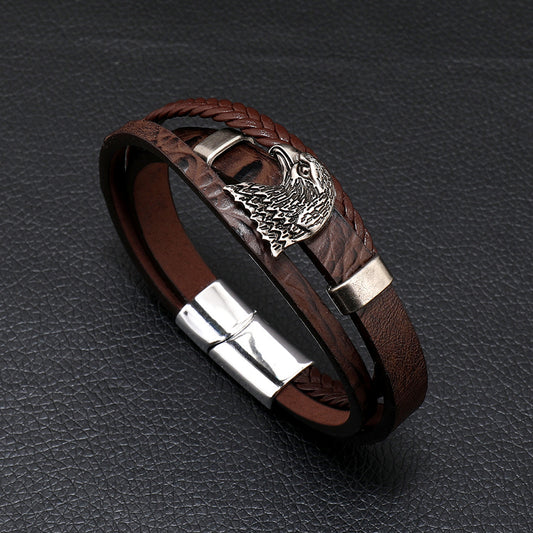 Men's Eagle Head Alloy Woven Leather Bracelet