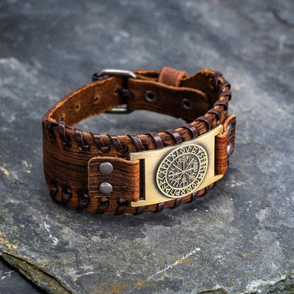 Genuine Leather Buckle Arm Cuff Vegvisir Metal Bracelet