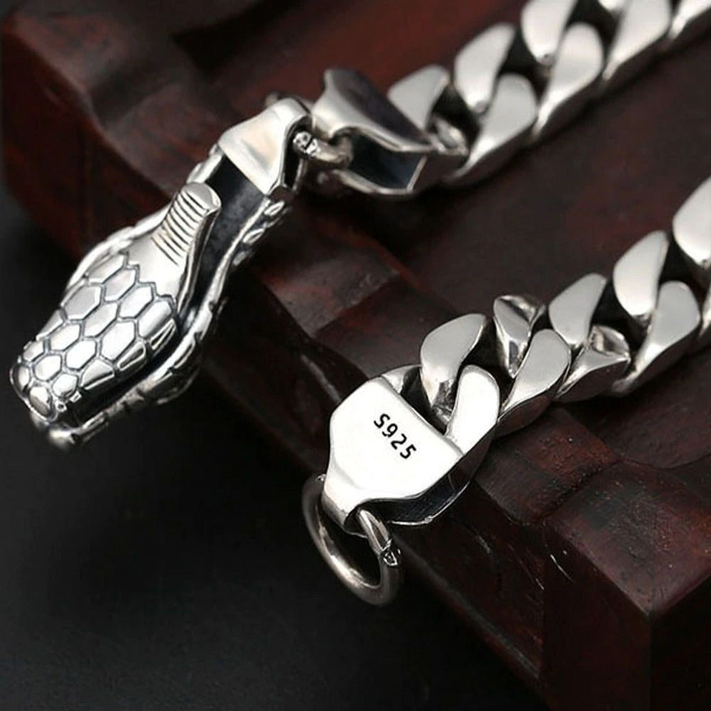 925 Silver Snake Head Buckle Bare Body Men's Bracelet