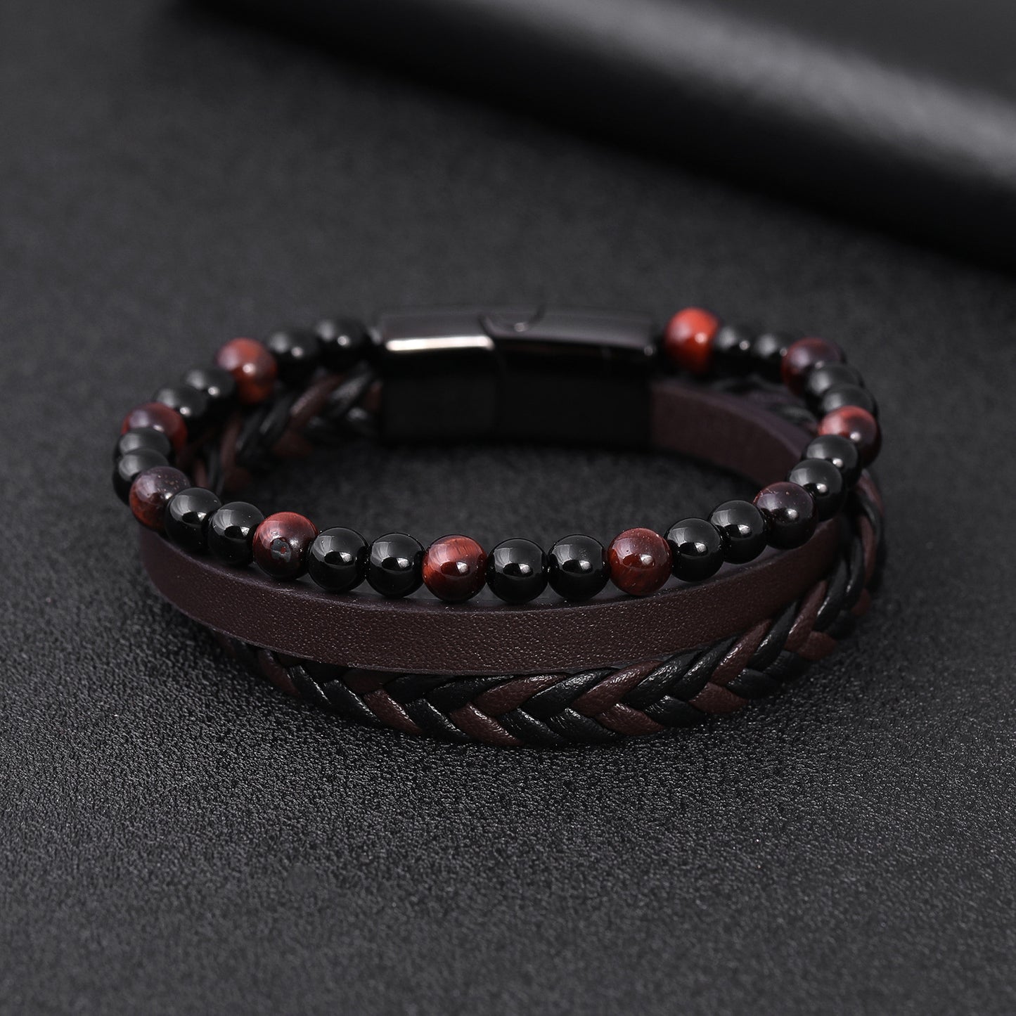 Men's natural stone volcano stone lapis lazuli leather bracelet stainless steel leather woven bracelet multilayer men's titanium steel jewelry