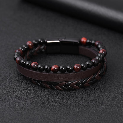 Men's natural stone volcano stone lapis lazuli leather bracelet stainless steel leather woven bracelet multilayer men's titanium steel jewelry