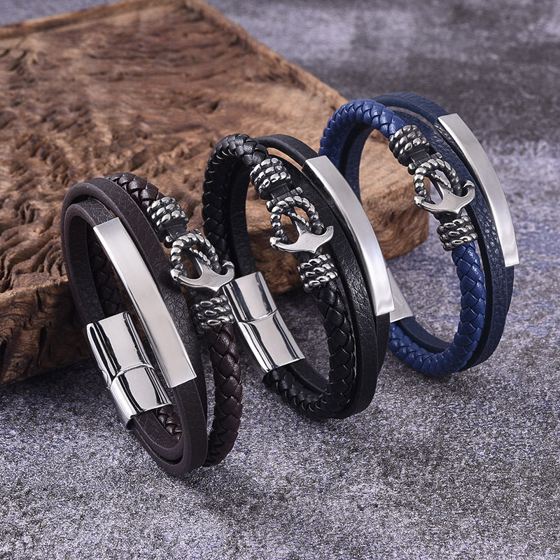 925 Silver Men's stainless steel boat anchor leather rope bracelet multilayer leather woven bracelet