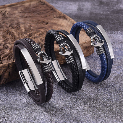925 Silver Men's stainless steel boat anchor leather rope bracelet multilayer leather woven bracelet