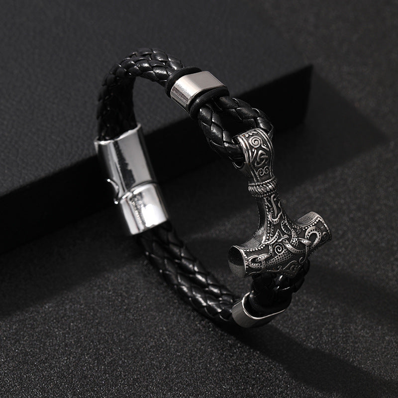 Thor's Hammer Woven Viking Cowhide Rope Bracelet