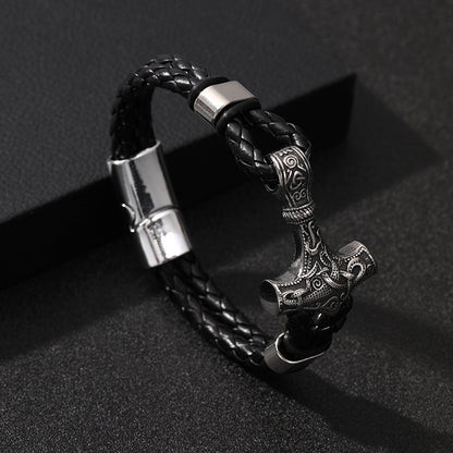 Thor's Hammer Woven Viking Cowhide Rope Bracelet