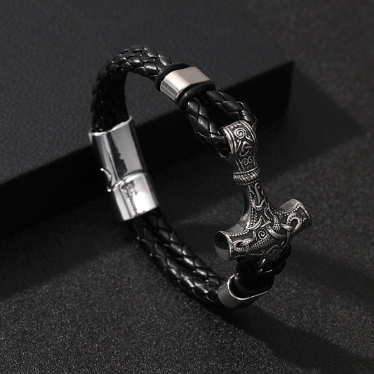Thor's Hammer Woven Viking Cowhide Rope Bracelet