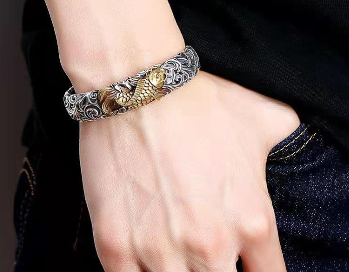 925 Sterling Silver Buddhist Heart Sutra Double Fishes Lotus Open Bracelet