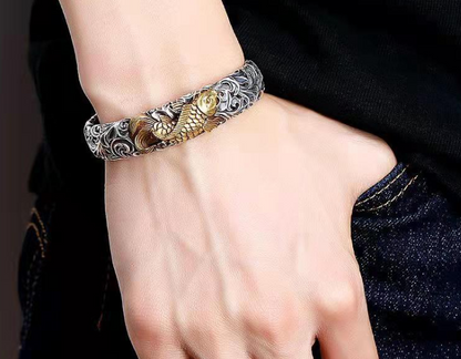 925 Sterling Silver Buddhist Heart Sutra Double Fishes Lotus Open Bracelet