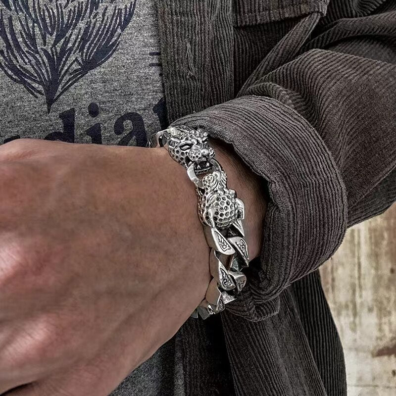 925 Silver leopard head  pure silver  fashion silver jewelry handmade Vintage Bracelet