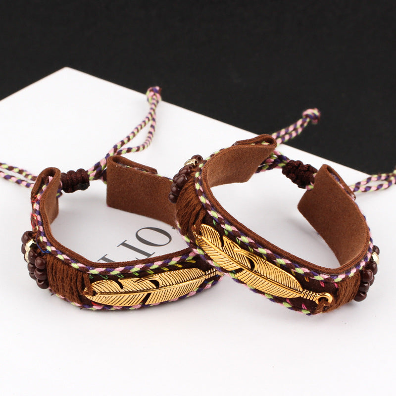 Feather leather rope woven adjustable bracelet