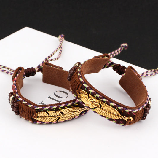 Feather leather rope woven adjustable bracelet