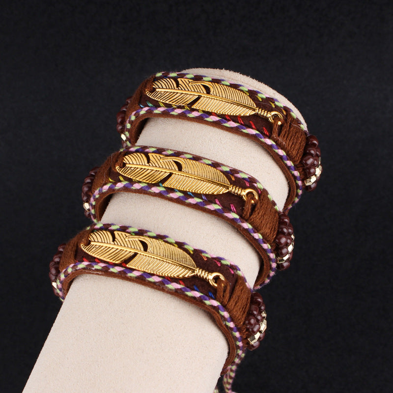 Feather leather rope woven adjustable bracelet