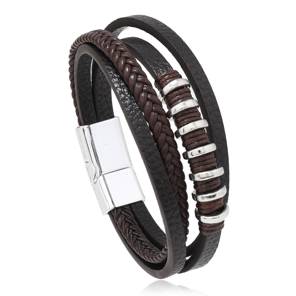 Men's Multi-Layered Leather Rope Braided Magnetic Clasp Bracelet