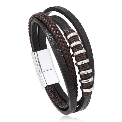 Men's Multi-Layered Leather Rope Braided Magnetic Clasp Bracelet