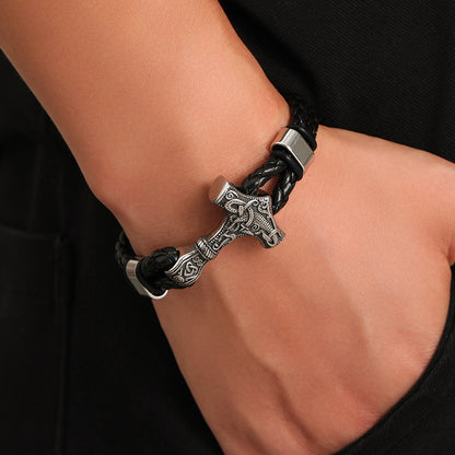 Thor's Hammer Woven Viking Cowhide Rope Bracelet