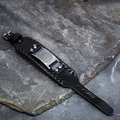 Genuine Leather Buckle Arm Cuff Vegvisir Metal Bracelet