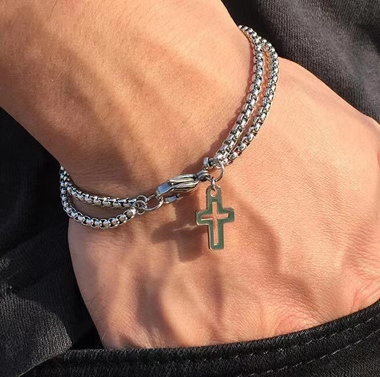 Cross Hollow Double Chain Cross Titanium Steel Bracelet