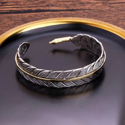 Vintage distressed arabesque feather Open Adjustable Bracelet